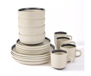Waterside 16pc Hand Brush Effect Stoneware Dinner Set; 4 Dinner Plates, Side Plates, Deep Bowls & Mugs - Dishwasher & Microwave Safe