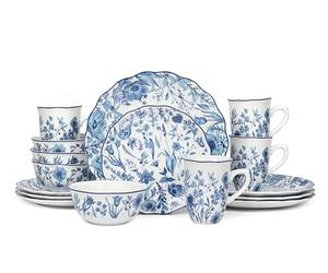 Waterside 16pc Premium Blue Floral Porcelain Dinner Set; 4 Dinner Plates, Side Plates, Deep Bowls & Mugs - Dishwasher & Microwave Safe