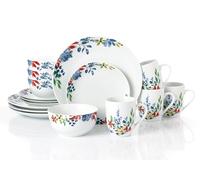 Waterside 16pc Watercolour Floral Porcelain Dinner Set; 4 Dinner Plates, Side Plates, Deep Bowls and Mugs - Dishwasher & Microwave Safe