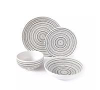 Waterside 16pc White & Black Dash Stoneware Dinner Set; 4 Dinner Plates, Side Plates, Soup Bowls & Deep Bowls - Dishwasher & Microwave Safe