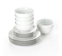 Waterside 18pc White Porcelain Dinner Set, 6 Dinner Plates, 6 Side Plates & 6 Deep Bowls - Dishwasher & Microwave Safe