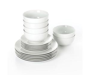 Waterside 18pc White Porcelain Dinner Set, 6 Dinner Plates, 6 Side Plates & 6 Deep Bowls - Dishwasher & Microwave Safe