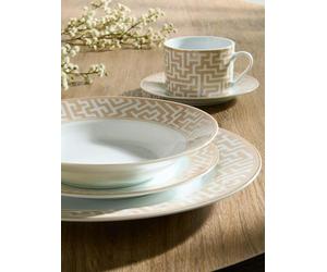 Waterside 20pc Mosaic Cream & Gold Porcelain Dinnerware Set; 4 Dinner Plates, Side Plates, Soup Bowls and Cup & Saucers