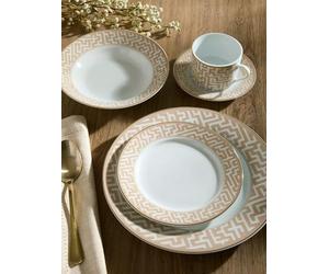 Waterside 20pc Mosaic Cream & Gold Rim Porcelain Dinnerware Set | 4 Dinner Plates, 4 Side Plates, 4 Soup Bowls, 4 Cup & Saucers