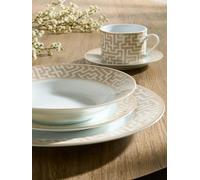 Waterside 20pc Mosaic Cream & Gold Rim Porcelain Dinnerware Set; 4 Dinner Plates, Side Plates, Soup Bowls and Cup & Saucers
