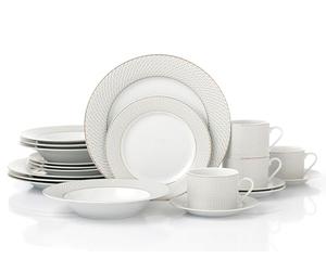 Waterside 20pc Premium Diamond Decor with Gold Band Porcelain Dinnerware Set; 4 Dinner Plates, 4 Side Plates, 4 Soup Bowls and 4 Cups & Saucers