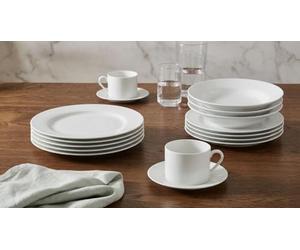 Waterside 20pc White Porcelain Rim Shape Dinner Set; 4 Dinner Plates, 4 Side Plates, 4 Soup Bowls and 4 Cup & Saucers - Dishwasher & Microwave Safe