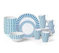 Waterside 24pc Blue & White Stripe Porcelain Dinner Set; 6 Dinner Plates, Side Plates, Deep Bowls & Mugs - Dishwasher & Microwave Safe