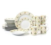 Waterside 24pc British Wild Flowers Porcelain Dinner Set; 6 Dinner Plates, Side Plates, Soup Bowls & Mugs - Dishwasher & Microwave Safe