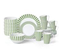 Waterside 24pc Green & White Stripe Porcelain Dinner Set; 6 Dinner Plates, Side Plates, Deep Bowls & Mugs - Dishwasher & Microwave Safe