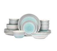 Waterside 24pc Grey & Aqua Spinwash Porcelain Dinner Set; 4 Dinner Plates, Side Plates, Soup Bowls & Deep Bowls - Dishwasher & Microwave Safe