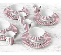 Waterside 24pc Pink Stripe Porcelain Dinner Set; 4 Dinner Plates, Side Plates, Deep Bowls & Mugs - Dishwasher & Microwave Safe