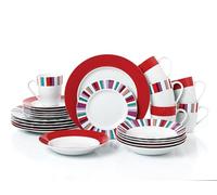 Waterside - 24pc Red Mix & Match Porcelain Dinner Set; 6 Dinner Plates, Side Plates, Soup Bowls and Mugs - Dishwasher & Microwave Safe