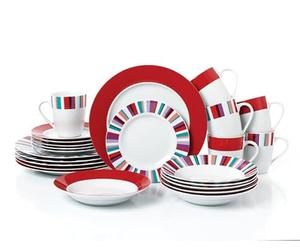 Waterside - 24pc Red Mix & Match Porcelain Dinner Set; 6 Dinner Plates, Side Plates, Soup Bowls and Mugs - Dishwasher & Microwave Safe