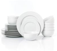 Waterside 24pc White Rim Porcelain Dinner Set; 8 Dinner Plates, Side Plates & Deep Bowls - Dishwasher & Microwave Safe