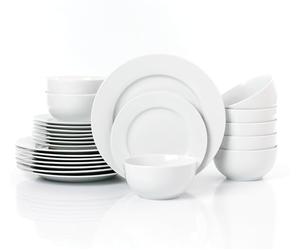 Waterside 24pc White Rim Porcelain Dinner Set; 8 Dinner Plates, Side Plates & Deep Bowls - Dishwasher & Microwave Safe