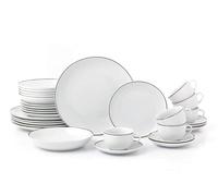 Waterside 30pc Silver Porcelain Dinner Set; 6 Dinner Plates, Side Plates, Soup Bowls and Cups & Saucers