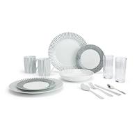 Waterside - 36pc Combination Dinner Set; 4 Porcelain Dinner Plates, Side Plates, Soup Bowls, Mugs & Hi-Ball Glasses and Cutlery Set - Dishwasher & Microwave Safe