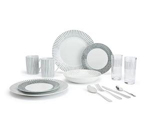 Waterside - 36pc Combination Dinner Set; 4 Porcelain Dinner Plates, Side Plates, Soup Bowls, Mugs & Hi-Ball Glasses and Cutlery Set - Dishwasher & Microwave Safe