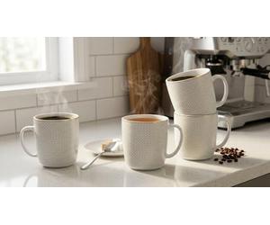 Waterside 4pk Diamond Design Porcelain Mugs with Gold Band; 4 Mugs