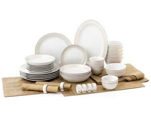 Waterside 50pc Gold Radiance Porcelain Dinner Set; 6 Dinner Plates, Side Plates, Soup Bowls, Deep Bowls, Snack Bowls, Napkin Rings, 1 Platter and 13pc Tablecloth Set