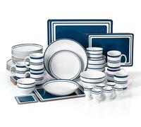 Waterside 56pc Blue Band Combination Tableware Set; Porcelain Dinner Plates, Side Plates, Soup Bowls, Deep Bowls, Mugs, Egg Cups & Snack Bowls & Placemats/Coasters