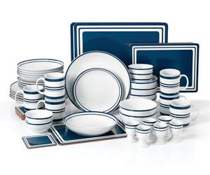 Waterside 56pc Blue Band Combination Tableware Set; Porcelain Dinner Plates, Side Plates, Soup Bowls, Deep Bowls, Mugs, Egg Cups & Snack Bowls & Placemats/Coasters