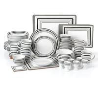 Waterside 56pc Grey Band Combination Tableware Set; Porcelain Dinner Plates, Side Plates, Soup Bowls, Deep Bowls, Mugs, Egg Cups & Snack Bowls & Placemats/Coasters