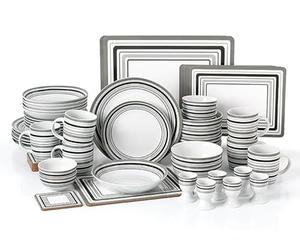 Waterside 56pc Grey Band Combination Tableware Set; Porcelain Dinner Plates, Side Plates, Soup Bowls, Deep Bowls, Mugs, Egg Cups & Snack Bowls & Placemats/Coasters