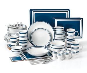 Waterside 80pc Blue Bistro Combination Tableware Set; Porcelain Dinner Plates, Side Plates, Soup Bowls, Deep Bowls, Mugs, Egg Cups & Snack Bowls + Placemats/Coasters & Cutlery