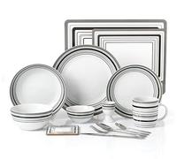 Waterside 80pc Grey Band Combination Tableware Set; Porcelain Dinner Plates, Side Plates, Soup Bowls, Deep Bowls, Mugs, Egg Cups & Snack Bowls + Placemats/Coasters & Cutlery