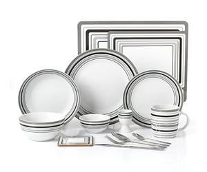 Waterside 80pc Grey Band Combination Tableware Set; Porcelain Dinner Plates, Side Plates, Soup Bowls, Deep Bowls, Mugs, Egg Cups & Snack Bowls + Placemats/Coasters & Cutlery