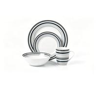Waterside Brompton Grey Stripe Porcelain Dinner Set 16PC | Dinnerware for 4, Includes Mugs & Bowls, Navy & Grey Stripes, Dinner & Side Plates, Porcelain Construction