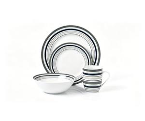 Waterside Brompton Grey Stripe Porcelain Dinner Set 16PC | Dinnerware for 4, Includes Mugs & Bowls, Navy & Grey Stripes, Dinner & Side Plates, Porcelain Construction