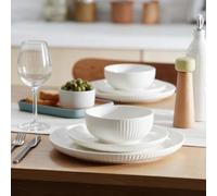 Waterside Luna White Porcelain Embossed Dinner Set 18pc | Embossed Ribbed Design, Includes Plates & Bowls, Serves 6, Glossy Finish, Stackable Pieces