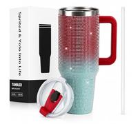 WATERSY 1182 ml Gemstone Glitter Insulated Mug, Stainless Steel Thermal Mug with Handle and Straw, Double Wall Vacuum Coffee Mug, Bling Tumbler Travel Mug for Women and Girls (Red & Green)
