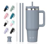 WATERSY 40oz Travel Mug Coffee Cup with 2 Straws, Tumbler Lid and Handle, Stainless Steel Double Wall Vacuum Insulated Coffee Water Bottle Thermal for Cold Hot Coffee 1182ml Light Gray Blue