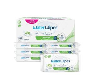 WaterWipes Sensitive+ Hydrating Boost Wipes, 360 Count (6 Packs), 3-In-1 Cleans, Cares, Hydrates, 99% Water with Aloe Vera, Unscented Baby Wipes