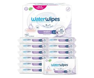 WaterWipes Sensitive+ Soothing Wipes, 720 Count (12 Packs), 3-In-1 Cleans, Cares, Soothes, 99% Water with Botanical Extract, Unscented Baby Wipes