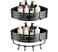 WateryWave Corner Shower Caddy with Hooks Self Adhesive Shower Shelves, Aluminium Shower Tidy No Drilling Shampoo Holder for Shower Wall Mounted Shelves Corner for Bathroom Kitchen Caddy #Black