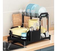 WateryWave Dish Drainer Rack, 2 Tier Black Dish Drying Rack with Drip Tray and Swivel Drainage Spout Stainless Steel Drying Rack with a Cutlery Holder and Draining Board for Kitchen Countertop