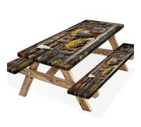 Wathon Picnic Table Cover with Bench Covers 6FT 3PCS, Fitted Camping Tablecloth Reusable Waterproof Oilproof with Elastic Edge for Indoor Outdoor Patio, Western Cowboy Southwest Country Ranch 72inch