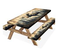 Wathon Picnic Table Cover with Bench Covers 6FT 3PCS, Fitted Camping Tablecloth Reusable Waterproof Oilproof with Elastic Edge for Indoor Outdoor Patio, Wood Plank Style Moose in Pine Forest 72inch
