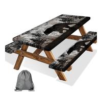 Wathon Picnic Table Cover with Bench Covers 6FT 3PCS, Fitted Camping Tablecloth Reusable Waterproof Oilproof with Elastic Edge for Indoor Outdoor Patio, Rustic Lodge Cabin Black Bear in Woods 72inch