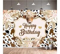 Wathon Western Cow Birthday Backdrop for Photography Brown Highland Cattle with Floral Pampas Grass Party Decorations Banner Boho Fun Farm Cow Photo Background Booth Video Studio Props 7X5FT