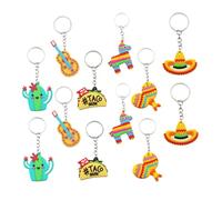 WATIIFUFU 12pcs Mexican Fiesta Cartoon Keychains Fun Cactus Hat Hot Dog Guitar Bag Key Rings for Luggage Pendants Party Favors and Decorations