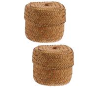 WATIIFUFU 2pcs Seagrass Storage Cube Small Baskets with Lid Round Flower Box Wicker Handle Decorative Storage Boxes for Home