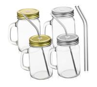 WATIIFUFU 4 Pcs Glass Mason Mugs with Lid Handle and Stainless Steel Straw Square Clear Drinking Jars for Water Juice Milk Spill- Reusable Beverage Cups with Comfortable Grip