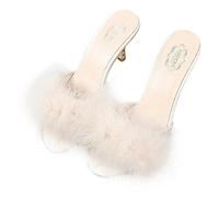 WATIIFUFU High Heeled Slippers for Women Summer Fluffy Comfortable Female Shoes Beige Size 39 Open Toe Slip-on Suitable for Outdoor Casual Wear