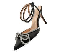 WATIIFUFU Rhinestone Bow Tie High Heel Sandals Women’S Pointed Toe Thin Heel Black Satin Summer Shoes Size 37